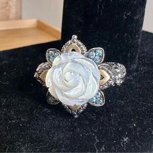 BARBARA BIXBY Mother Pearl Rose Flower Blue Topaz Sterling 18k Gold Ring; 9
